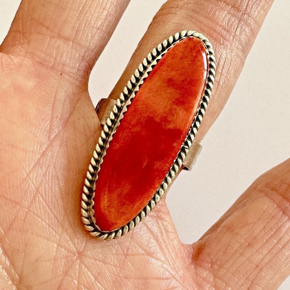 Navajo Orange Spiny Oyster Ring Sz 9 Flat Cab Sterling Signed Selina Warner USA